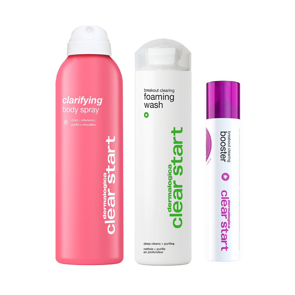 Three Dermalogica South Africa Breakout Clearing Kit skincare products are lined up against a white background.