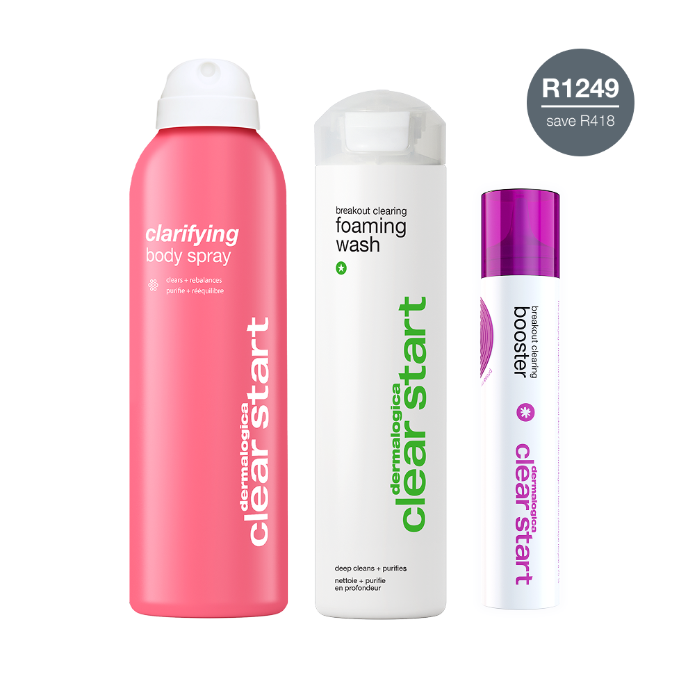 Introducing the Dermalogica South Africa breakout rescue trio: three Clear Start skin care essentials, featuring a clarifying body spray in a pink can for targeted bacne treatment, a breakout clearing foaming wash in a white bottle, and an effective acne scar treatment booster with a purple cap. Price: R1249—you save R418. The products are displayed upright against a white background.