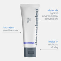 A white tube of Dermalogica calm water gel with a gray cap, showing the brand name on the right and the UltraCalming™ label near the bottom, this water-gel moisturizer hydrates dry skin.