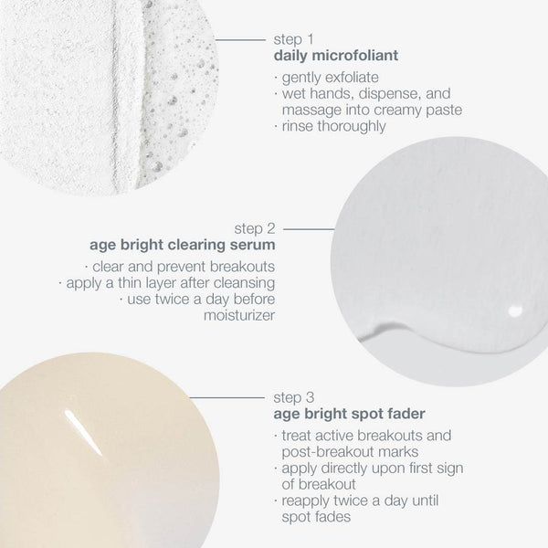 The Dermalogica active clearing kit displays three close-up textures with instructions: Step 1—exfoliant, Step 2—brightening serum, Step 3—spot fader. Each step offers tips and benefits for clearer skin on a light background.