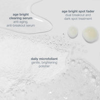 The Dermalogica active clearing kit includes a brightening serum, “daily microfoliant” in a grey and white tub, and a breakout treatment tube, all set against a white background.