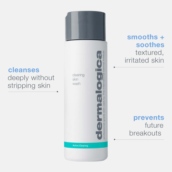 A white Dermalogica clearing skin wash bottle with gray cap, labeled: "cleanses deeply without stripping skin," "smooths + soothes textured, irritated skin," and "prevents future breakouts with salicylic acid.
