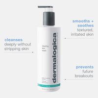 A white Dermalogica clearing skin wash bottle with a gray cap and teal accent band displays the brand name in large gray letters. This foaming cleanser contains salicylic acid to help clear and prevent breakouts.