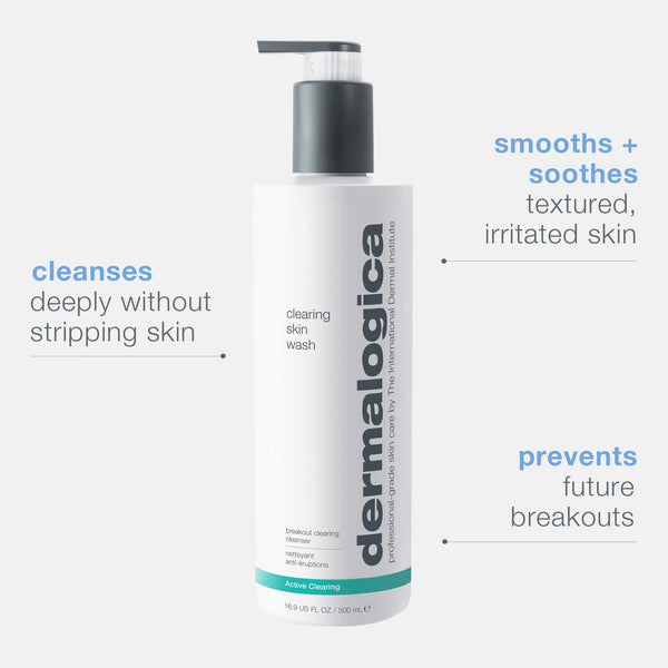 A centered white pump bottle of Dermalogica clearing skin wash showcases its foaming cleanser with salicylic acid, designed to deeply cleanse without stripping, smooth and soothe irritation, and help prevent future breakouts.