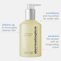 A clear pump bottle of Dermalogica conditioning body wash with a silver dispenser holds light yellow liquid. The label features essential oils such as eucalyptus and lavender, offering a nourishing cleanse for the skin.