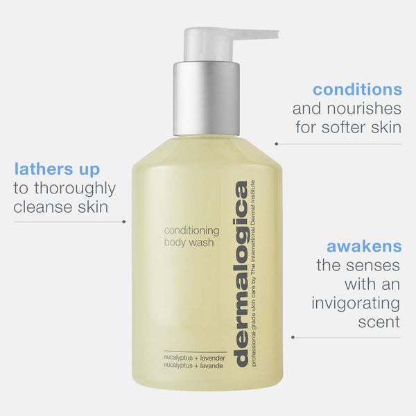 Dermalogica conditioning body wash with pump top cleanses and conditions for softer skin, creating a rich lather and invigorating the senses with essential oil scent.