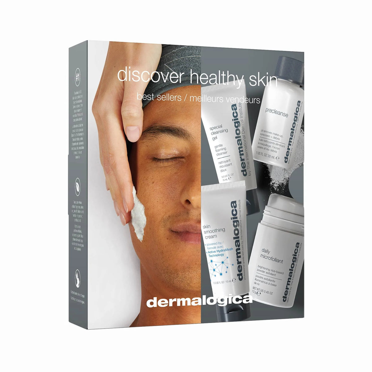 A Dermalogica discover healthy skin kit box featuring a person applying cleanser to their face, displayed alongside a tube of cleanser, pre-cleanse oil, face cream, and exfoliating powder for a complete skin care regimen.