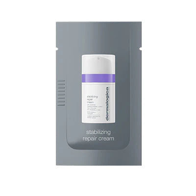 A Dermalogica stabilizing repair cream sample sachet in a gray packet displays an image of the bottle and white text with the product name.
