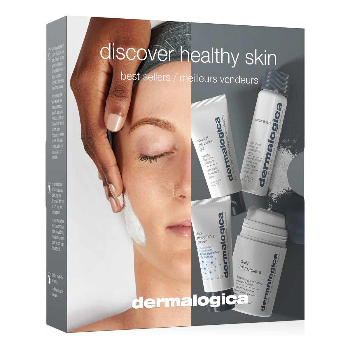 A Dermalogica South Africa discover healthy skin kit gift set box featuring a person receiving a facial, alongside four small skincare product bottles and tubes.