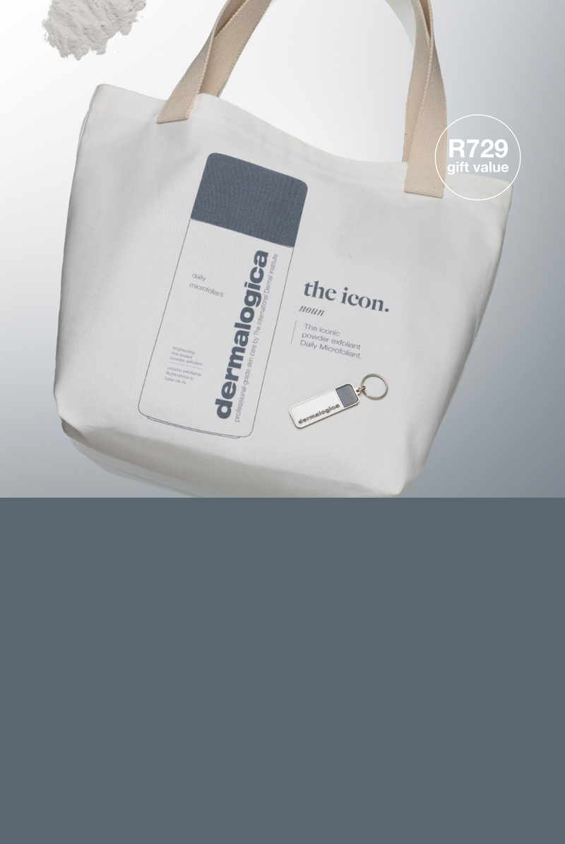 A white tote bag with beige handles featuring Dermalogica branding, an illustrated bottle, and a metal keychain attached. Text reads “the icon.” and “R729 gift value.”.