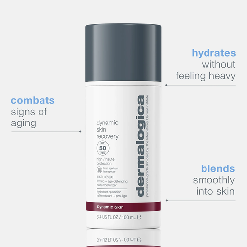 A white Dermalogica dynamic skin recovery spf50 bottle stands upright, with blue and gray text highlighting its benefits: daily moisturizer hydrates without heaviness, combats signs of aging, and blends smoothly into skin.