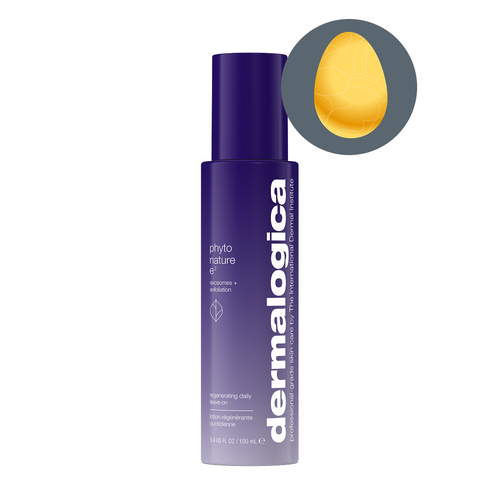 A purple bottle of Dermalogica South Africa phyto nature e² regenerating daily exosome leave-on treatment stands upright on a white background. White text and a circular inset with a yellow abstract design are visible; targets fine lines and wrinkles.