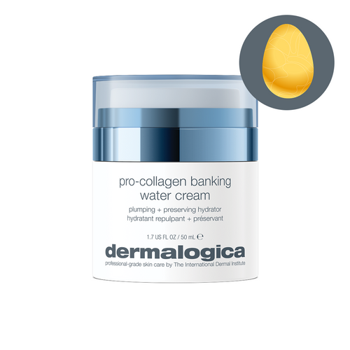 A white and blue jar of Dermalogica South Africa pro-collagen banking water cream, labeled as a plumping and preserving hydrator for anti-aging. A yellow droplet icon sits in a gray circle at the top right.