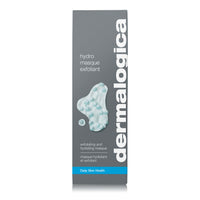 A tube of Dermalogica hydro masque exfoliant features blue gel with exfoliating bamboo beads, a gray and white cap, vertical Dermalogica branding, and hydrating benefits from snow mushroom extract.