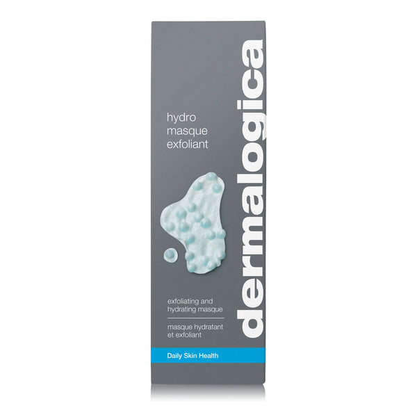 A grey rectangular box of Dermalogica hydro masque exfoliant displays white and blue text, a swatch of the hydrating exfoliant with bubbles, and "dermalogica" printed vertically along the right side.