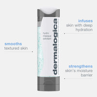 A tube of Dermalogica hydro masque exfoliant features blue gel with exfoliating bamboo beads, a gray and white cap, vertical Dermalogica branding, and hydrating benefits from snow mushroom extract.