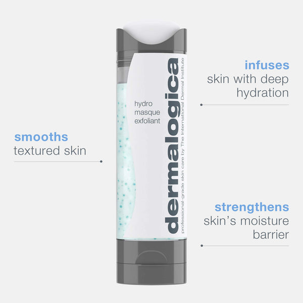 A Dermalogica hydro masque exfoliant bottle with blue dots inside. Text notes it exfoliates to smooth skin, contains snow mushroom for deep hydration, and helps strengthen the skin’s moisture barrier.