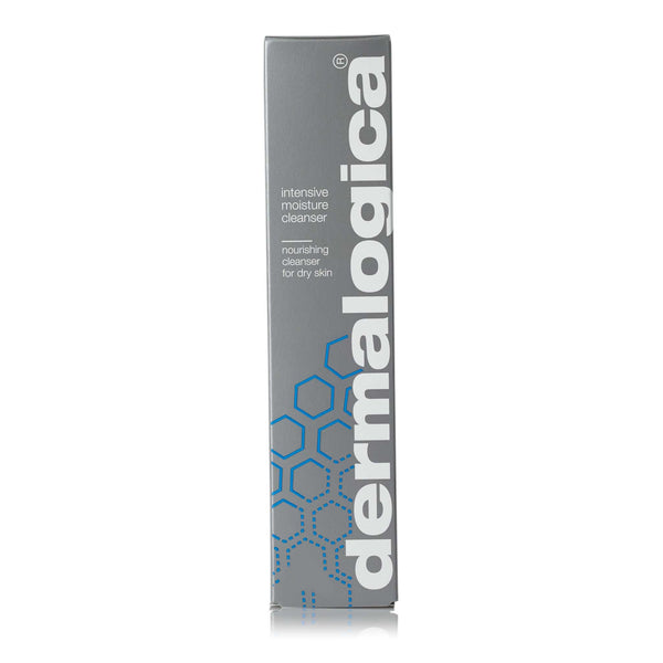 Tall, rectangular grey Dermalogica Intensive Moisture Cleanser box with white and light blue text and hexagon graphics, featuring BioReplenish Complex. This creamy cleanser is designed for dry skin.