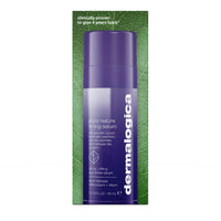 A purple Dermalogica phyto nature firming serum bottle with a new pump sits in a blue circle. The 40 ml (1.3 US fl oz) skincare serum features white text and targets visible skin ageing for youthful-looking skin.