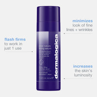 A purple Dermalogica phyto nature firming serum bottle with a new pump sits in a blue circle. The 40 ml (1.3 US fl oz) skincare serum features white text and targets visible skin ageing for youthful-looking skin.