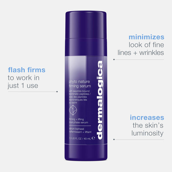 A purple bottle of Dermalogica phyto nature firming serum is shown, with text noting it flash firms in 1 use, reduces fine lines and wrinkles, boosts luminosity, and helps skin look younger.