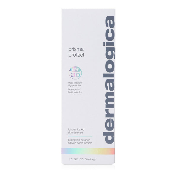 A white rectangular box of Dermalogica prisma protect spf30, a multitasking moisturizer with bold vertical branding, offering broad spectrum defense and high protection with light-activated skin defense.