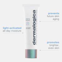 A white tube of Dermalogica prisma protect spf30, a multitasking SPF moisturizer with broad spectrum protection and a gray flip-top cap, stands upright on a white background.