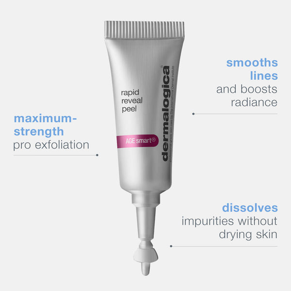 A silver tube of Dermalogica rapid reveal peel highlights this maximum-strength exfoliant with lactic acid and AHA extracts that smooths lines, boosts radiance, and gently dissolves impurities without drying skin.