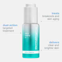 A bottle of Dermalogica retinol clearing oil stands upright on a white background, featuring a gradient turquoise design, white cap, and Active Clearing label. Formulated with retinol and salicylic acid.