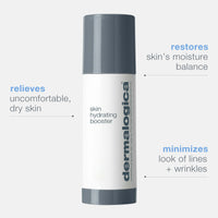 A Dermalogica skin hydrating booster bottle with a gray cap and label stands upright on a plain white background.