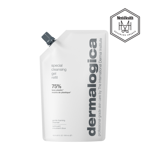 A white Dermalogica special cleansing gel refill pouch with a black cap, gray text, and a Mens Health Grooming Awards logo—a gentle, soap-free daily face wash.